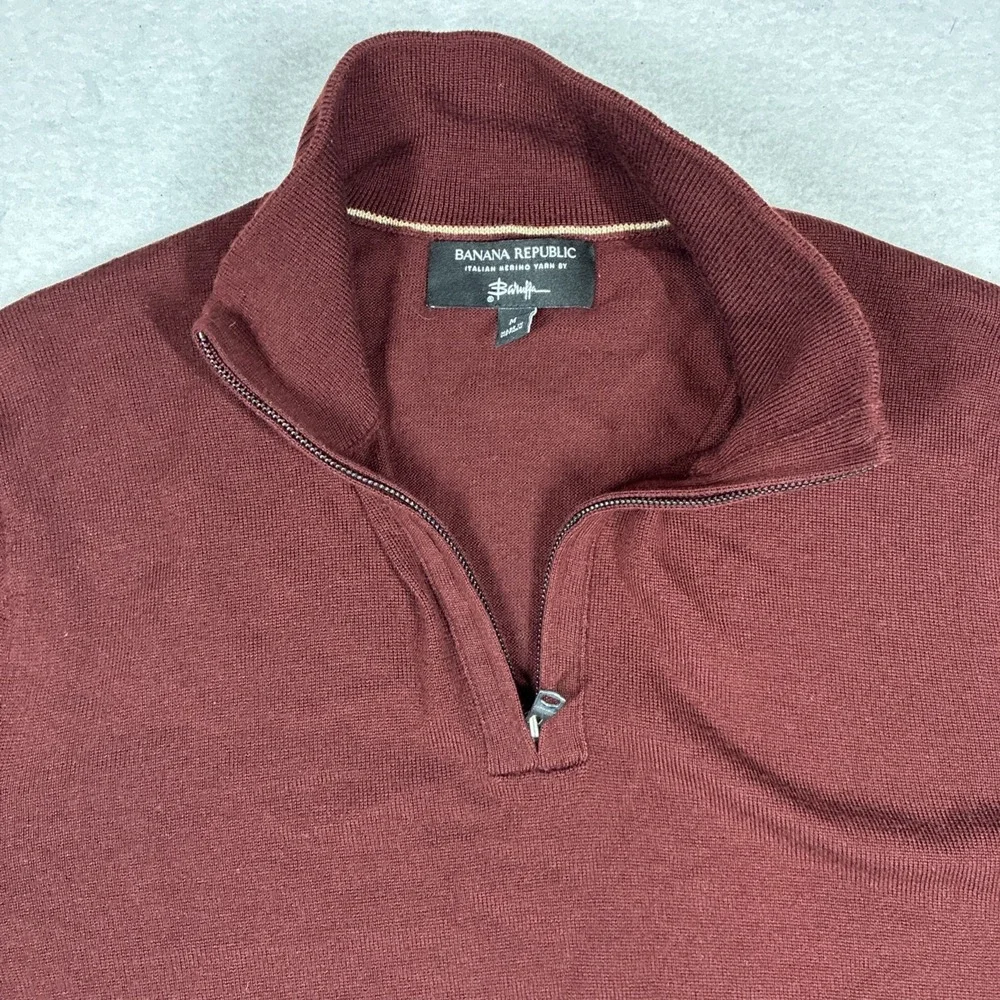 BANANA REPUBLIC Mens Italian Merino Wool 1/4 Zip Sweater Yarn Baruffa Red Medium